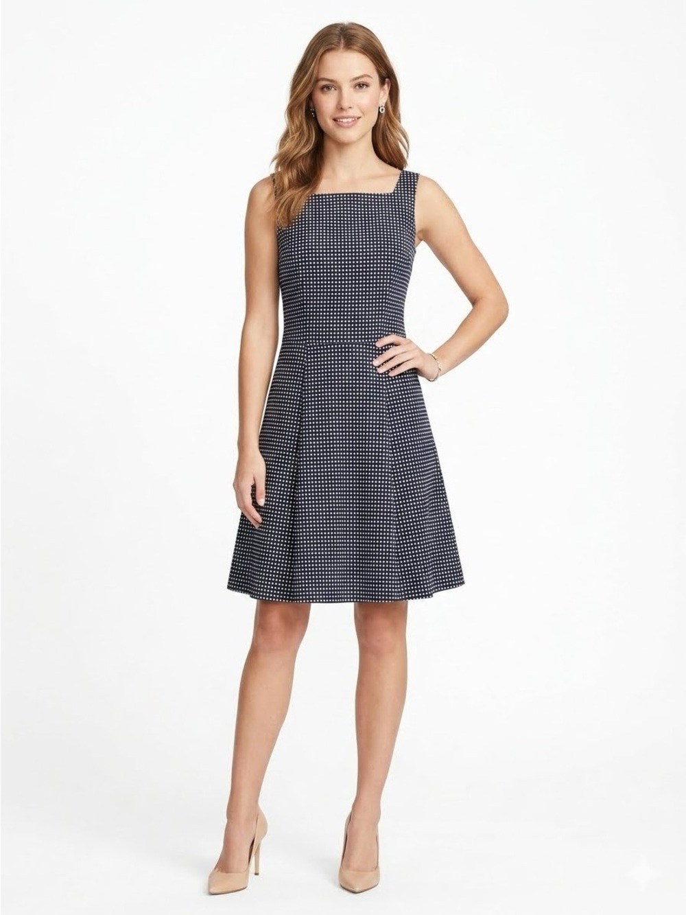 RALPH LAUREN Fit & Flare Dress Navy Blue Ivory Polka Dot Size 10 $158 EUC KL